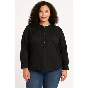 J.Crew Womens XXL Black Pintuck Blouse Long Sleeve Button Front Boho Top